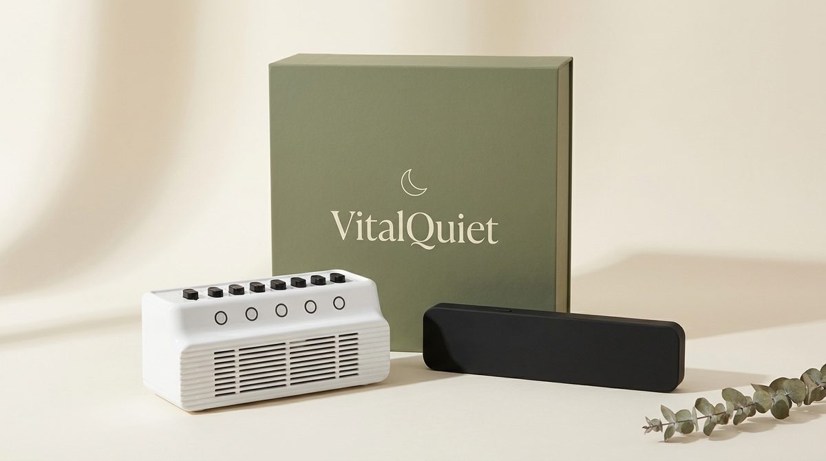 The VitalQuiet Night Kit: white bedside sound machine, slim black pillow speaker and the kit box