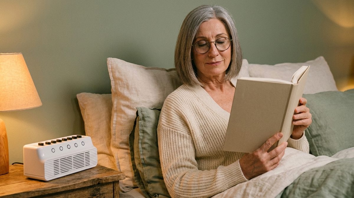 Woman reading in bed with the sound machine on her nightstand